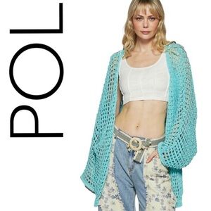 POL Aqua Crochet Open-Front Cardigan NWOT